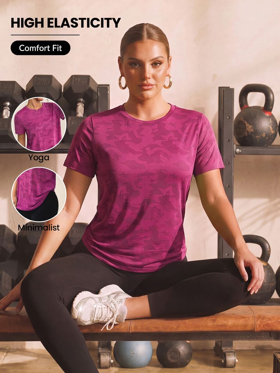 Rhythm Era Women's Plus Size Basic Short Sleeve Yoga/Fitness Top, Curved Hem Jacquard Fabric - Hot Pink - View 1
