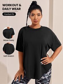 SHEIN Rhythm Era Plus Solid Drop Shoulder Sports Tee Gym Women Shirts - Black - View 1