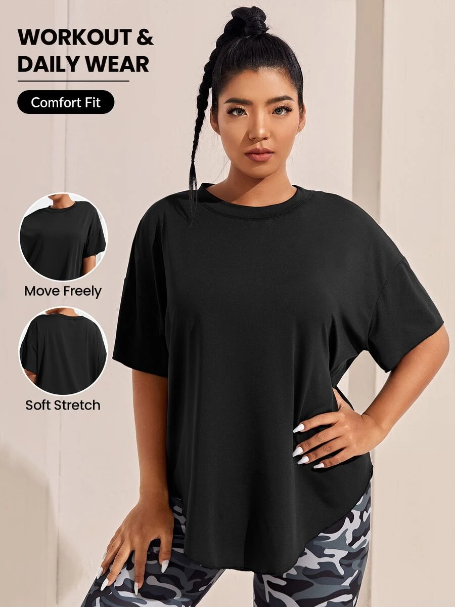 SHEIN Rhythm Era Plus Solid Drop Shoulder Sports Tee Gym Women Shirts - Black - View 1