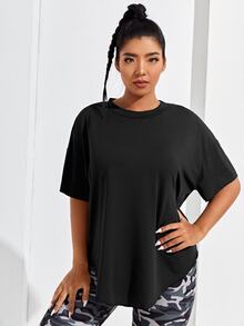 SHEIN Rhythm Era Plus Solid Drop Shoulder Sports Tee Gym Women Shirts - Black - View 6