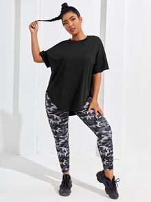 SHEIN Rhythm Era Plus Solid Drop Shoulder Sports Tee Gym Women Shirts - Black - View 3