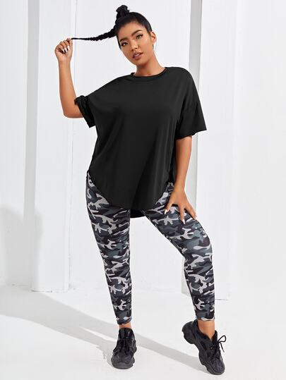 SHEIN Rhythm Era بلوزة رياضية سبور للنساء بياقة مستديرة وأكمام قصيرة
