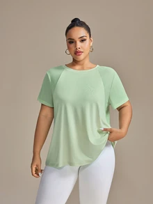 SHEIN Rhythm Era 大码女式圆领短袖休闲健身运动T恤健身房衬衫 - 綠色 - 查看 7