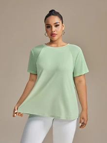SHEIN Rhythm Era 大码女式圆领短袖休闲健身运动T恤健身房衬衫 - 綠色 - 查看 6