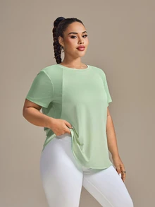 SHEIN Rhythm Era 大码女式圆领短袖休闲健身运动T恤健身房衬衫 - 綠色 - 查看 5
