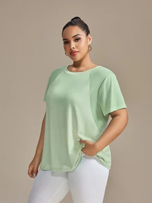 SHEIN Rhythm Era 大码女式圆领短袖休闲健身运动T恤健身房衬衫 - 綠色 - 查看 8