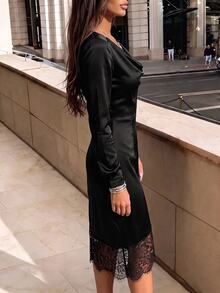 SHEIN 女款優雅緞面與蕾絲拼接不對稱下擺洋裝，適合度假、約會及其他場合 - 黑色 - 查看 5