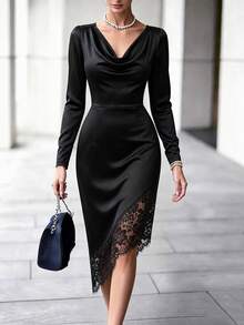 SHEIN 女款優雅緞面與蕾絲拼接不對稱下擺洋裝，適合度假、約會及其他場合 - 黑色 - 查看 3