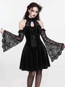 ROMWE Gaun Mini Lengan Lebar Berkerah Tegak Elegan Gaya Goth dari Beludru dan Patchwork Renda dengan Ikat Pinggang - Hitam - View 1