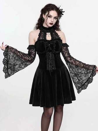 Goth Vestido mini con cuello alto, de terciopelo y encaje en patchwork, con cintura anudada y mangas acampanadas, de estilo gótico elegante