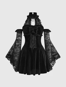 ROMWE Gaun Mini Lengan Lebar Berkerah Tegak Elegan Gaya Goth dari Beludru dan Patchwork Renda dengan Ikat Pinggang - Hitam - View 5