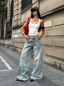 Coolane 女款春夏街頭風外出演唱會穿搭 Y2K 牛仔女郎休閒復古水洗寬腿牛仔褲 低腰棉質香蕉哈倫褲 - 淺色水洗藍 - 查看 3