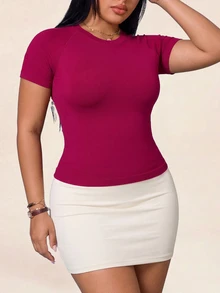 SHEIN Rhythm Era Plus Size Women's Solid Color Raglan Short Sleeve Sports T-Shirt - Burgundy - View 4
