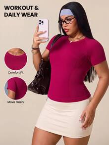 SHEIN Rhythm Era Plus Size Women's Solid Color Raglan Short Sleeve Sports T-Shirt - Burgundy - View 3