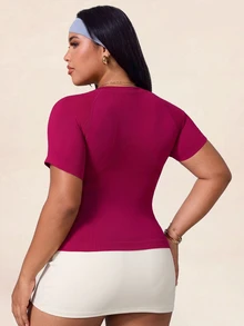 SHEIN Rhythm Era Plus Size Women's Solid Color Raglan Short Sleeve Sports T-Shirt - Burgundy - View 2