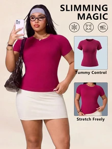 SHEIN Rhythm Era Plus Size Women's Solid Color Raglan Short Sleeve Sports T-Shirt - Burgundy - View 7