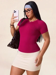 SHEIN Rhythm Era Plus Size Women's Solid Color Raglan Short Sleeve Sports T-Shirt - Burgundy - View 6
