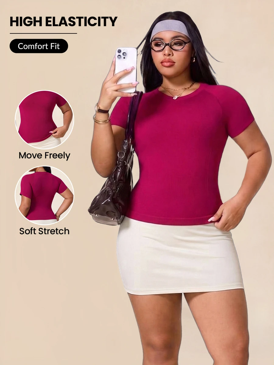SHEIN Rhythm Era Plus Size Women's Solid Color Raglan Short Sleeve Sports T-Shirt - Burgundy - View 1