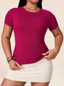SHEIN Rhythm Era Plus Size Women's Solid Color Raglan Short Sleeve Sports T-Shirt - Burgundy - View 5