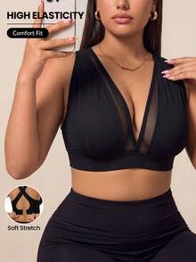 SHEIN Rhythm Era Women's Plus Size Mesh Patchwork Casual Daily Sports Bra Gym Black Summer - Black - View 1