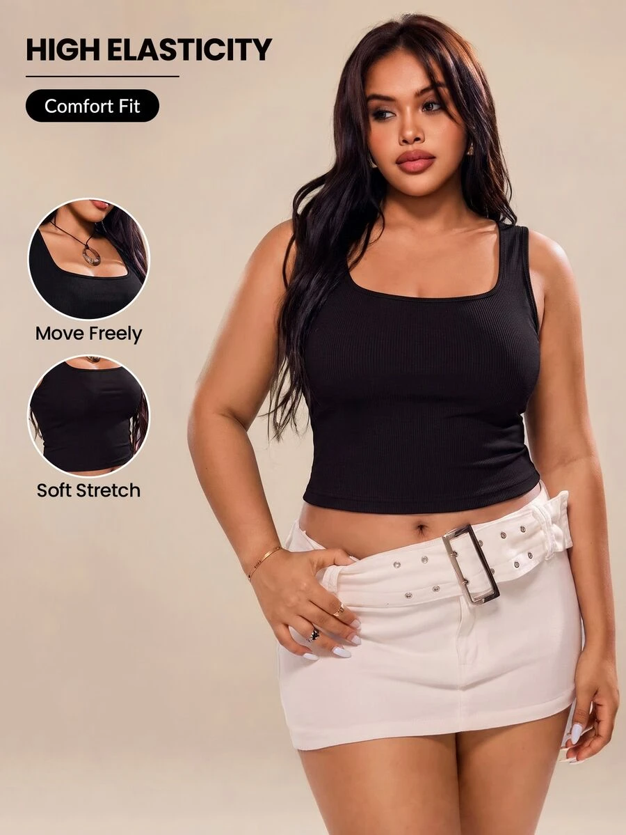 SHEIN Rhythm Era Women's Plus Size Solid Color Cropped Sports Tank Top - Black - View 1