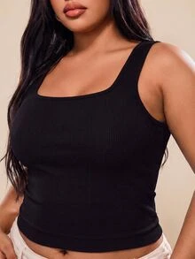 SHEIN Rhythm Era Women's Plus Size Solid Color Cropped Sports Tank Top - Black - View 3