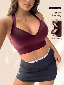 SHEIN Sports 大码女式纯色日常健身无缝运动文胸 - 酒紅色 - 查看 4