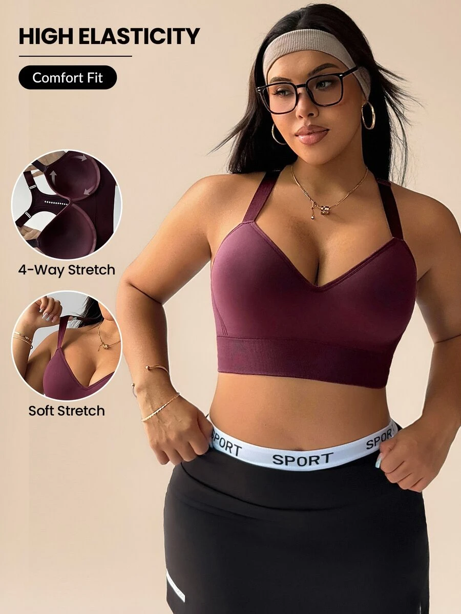 SHEIN Sports 大码女式纯色日常健身无缝运动文胸