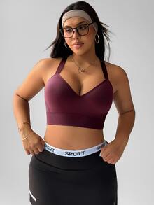 SHEIN Sports 大码女式纯色日常健身无缝运动文胸 - 酒紅色 - 查看 8