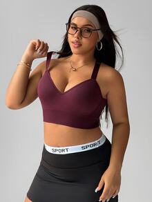 SHEIN Sports 大码女式纯色日常健身无缝运动文胸 - 酒紅色 - 查看 5