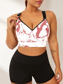 Rhythm Era Plus Size Ink Print Sports Bra With Fixed Cup, Adjustable Shoulder Straps, High Support - Pink - View 4