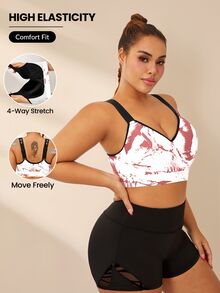 Rhythm Era Plus Size Ink Print Sports Bra With Fixed Cup, Adjustable Shoulder Straps, High Support - Pink - View 1