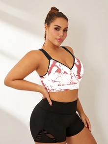 Rhythm Era Plus Size Ink Print Sports Bra With Fixed Cup, Adjustable Shoulder Straps, High Support - Pink - View 6