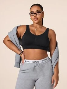 SHEIN Rhythm Era Plus Size Women's Solid Color Back Hook Design Daily Fitness Sports Bra Gym Black Summer - Black - View 4