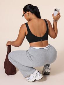 SHEIN Rhythm Era Plus Size Women's Solid Color Back Hook Design Daily Fitness Sports Bra Gym Black Summer - Black - View 7