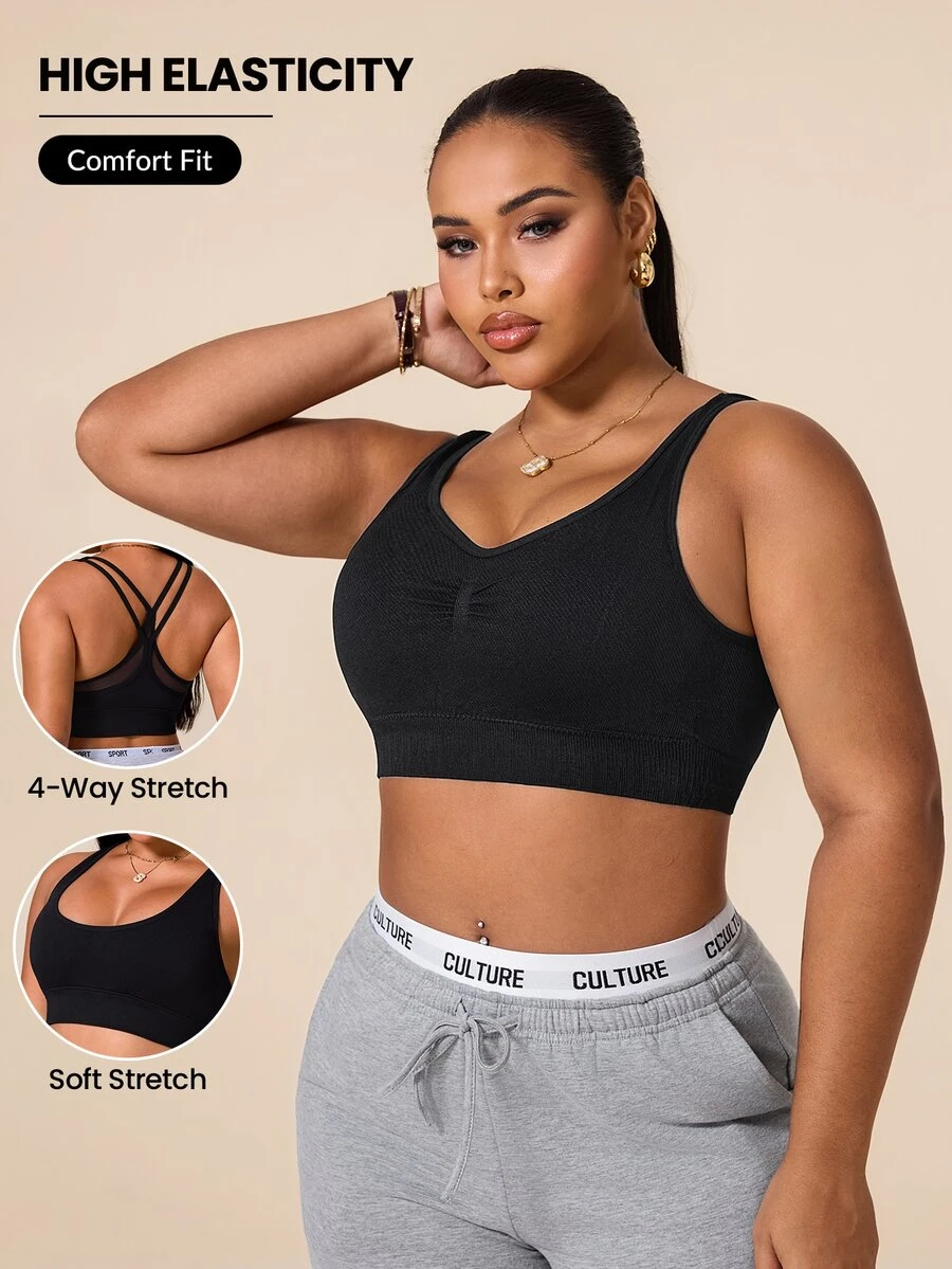 SHEIN Rhythm Era Plus Size Women's Solid Color Back Hook Design Daily Fitness Sports Bra Gym Black Summer - Black - View 1