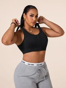 SHEIN Rhythm Era Plus Size Women's Solid Color Back Hook Design Daily Fitness Sports Bra Gym Black Summer - Black - View 5