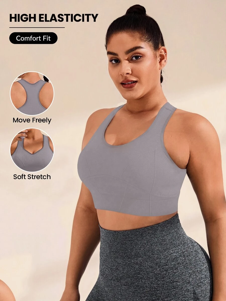 Rhythm Era Plus Size Solid Color Seamless Sports Bra Gym Sports White Summer - Grey - View 1