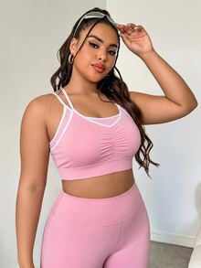 SHEIN Rhythm Era Plus Size Sports Bra With 2 In 1 Style, Fashionable Ruched Bust, Criss-Cross Straps, High Support Underwear - Pink - View 4