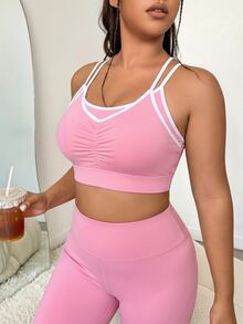 SHEIN Rhythm Era Plus Size Sports Bra With 2 In 1 Style, Fashionable Ruched Bust, Criss-Cross Straps, High Support Underwear - Pink - View 5