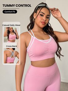 SHEIN Rhythm Era Plus Size Sports Bra With 2 In 1 Style, Fashionable Ruched Bust, Criss-Cross Straps, High Support Underwear - Pink - View 1