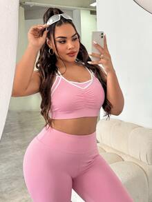 SHEIN Rhythm Era Plus Size Sports Bra With 2 In 1 Style, Fashionable Ruched Bust, Criss-Cross Straps, High Support Underwear - Pink - View 3