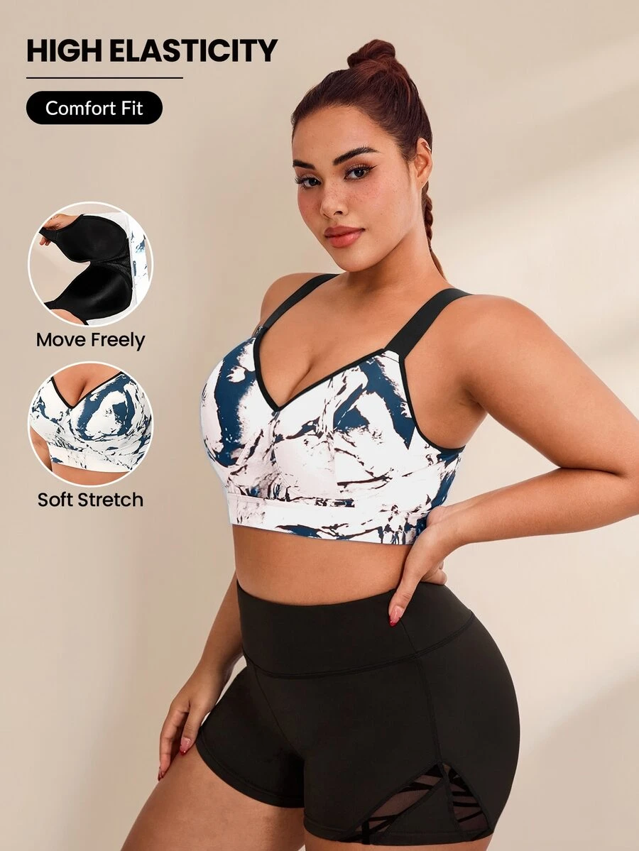 SHEIN Rhythm Era Plus Size Sports Bra With Fixed Cup, Adjustable Straps, High Support, Ink Painting Print Weight Loss Camo - Navy Blue - View 1