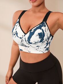 SHEIN Rhythm Era Plus Size Sports Bra With Fixed Cup, Adjustable Straps, High Support, Ink Painting Print Weight Loss Camo - Navy Blue - View 3