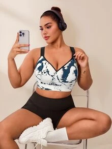 SHEIN Rhythm Era Plus Size Sports Bra With Fixed Cup, Adjustable Straps, High Support, Ink Painting Print Weight Loss Camo - Navy Blue - View 5