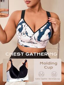 SHEIN Rhythm Era Plus Size Sports Bra With Fixed Cup, Adjustable Straps, High Support, Ink Painting Print Weight Loss Camo - Navy Blue - View 2