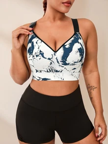 SHEIN Rhythm Era Plus Size Sports Bra With Fixed Cup, Adjustable Straps, High Support, Ink Painting Print Weight Loss Camo - Navy Blue - View 4