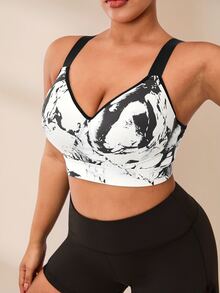 Rhythm Era Plus Size Sports Bra With Removable Padding, Adjustable Straps, High Impact Support, Ink Print Design Gym Sports White Summer - Black and White - View 3