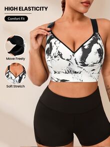 Rhythm Era Plus Size Sports Bra With Removable Padding, Adjustable Straps, High Impact Support, Ink Print Design Gym Sports White Summer - Black and White - View 1