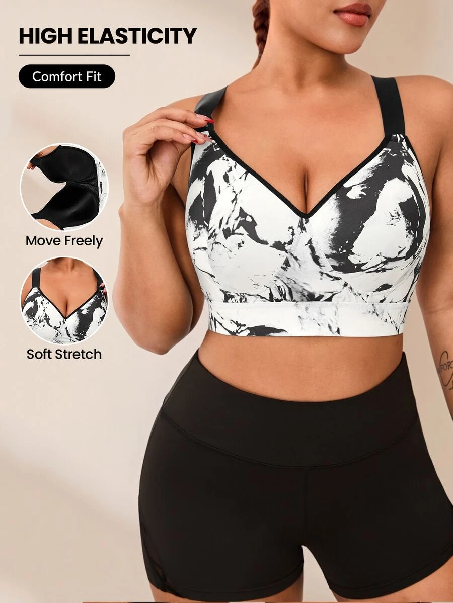 Rhythm Era Plus Size Sports Bra With Removable Padding, Adjustable Straps, High Impact Support, Ink Print Design Gym Sports White Summer - Black and White - View 1